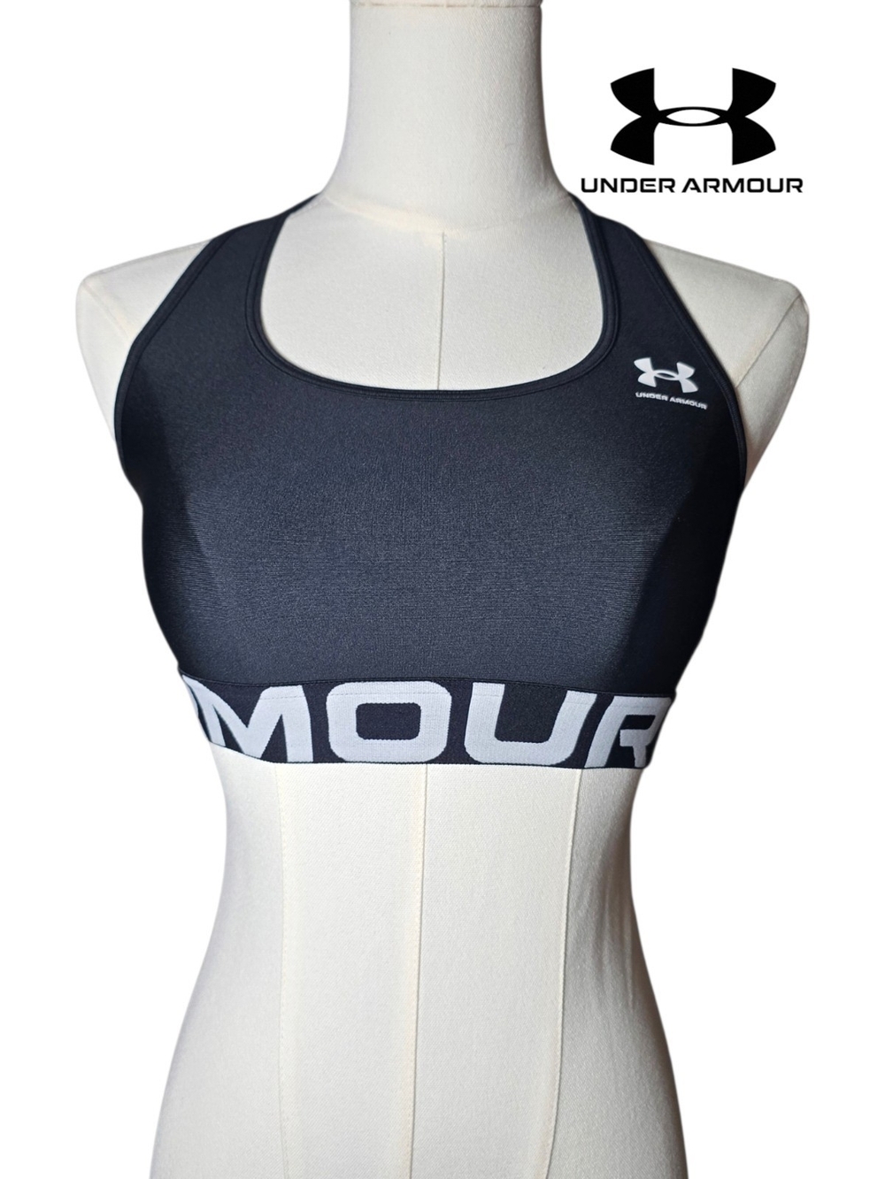 🆕️UNDER ARMOUR Black Sports Bra with White Logo Band - Small